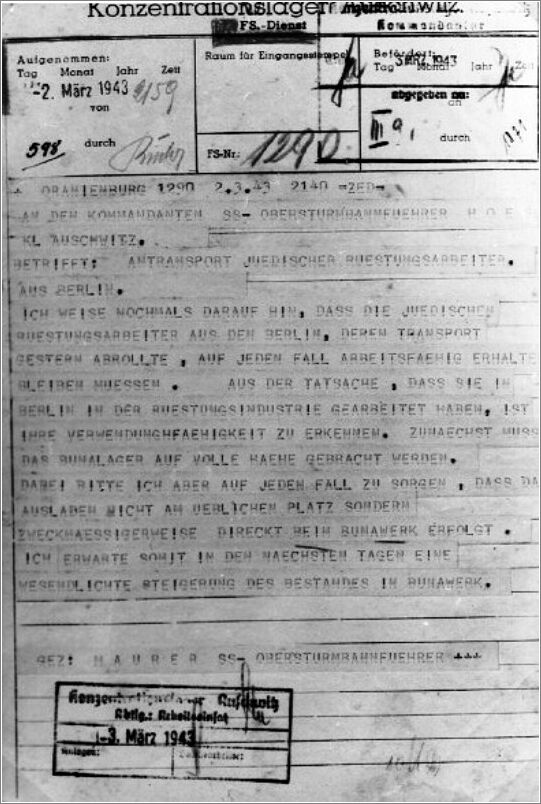 A telegram regarding Jewish skilled industrial laborers who were deported from Berlin to the Auschwitz camp.